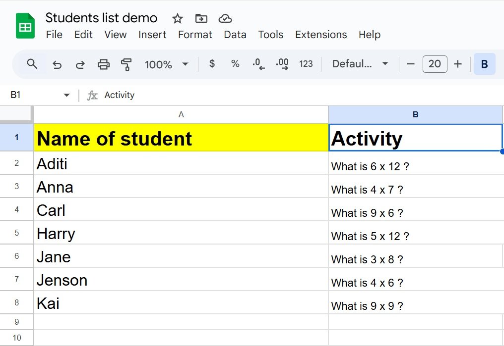This is an image showing a Google Sheet with a column header labelled Activity - ready to be copied and pasted into the wheel