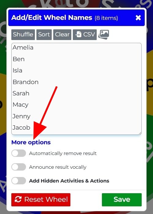 This is an image showing the Add Names popup and the `More Options` area