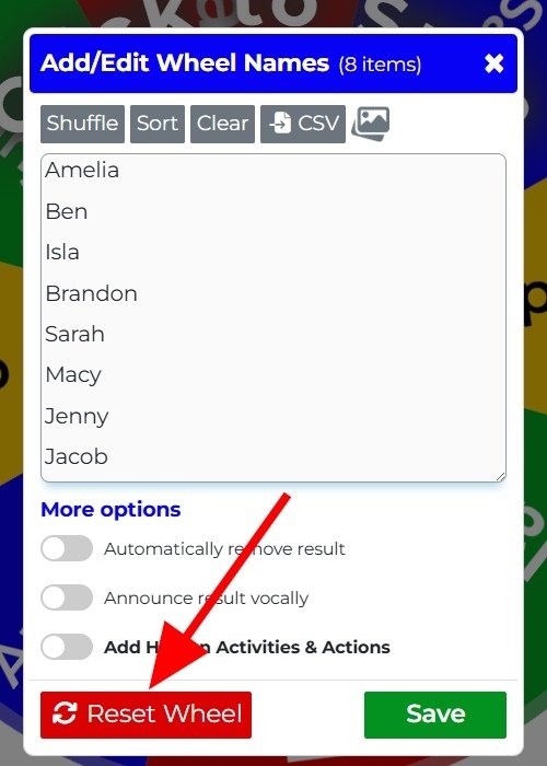 This is an image showing the location of the Reset Wheel button in the Add Names popup