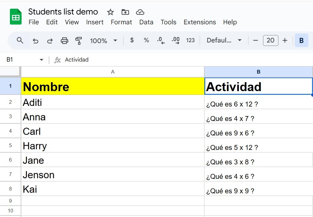 Imagen mostrando una hoja de Google con encabezado de columna Actividad - lista para copiar y pegar en la ruleta
