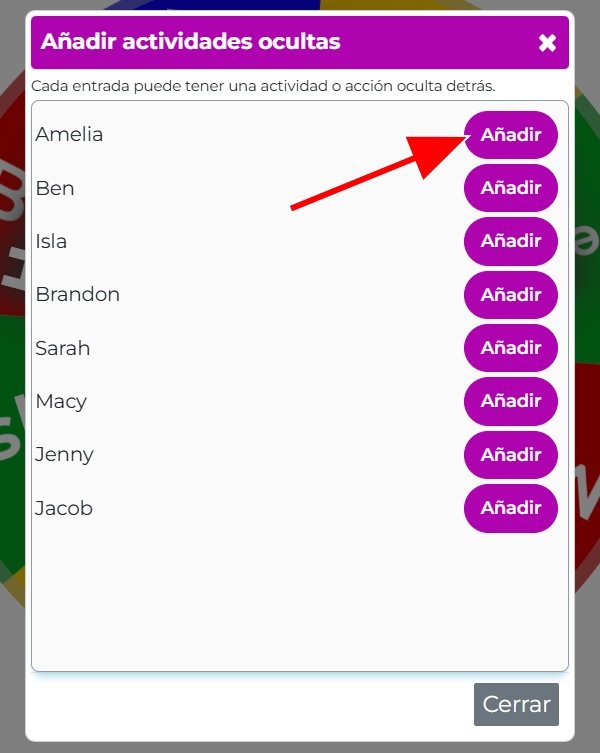 Imagen mostrando la ventana Agregar Actividades (para todas las entradas de la ruleta)