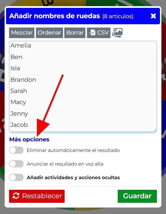 Imagen mostrando la ventana Añadir nombres y el área `Más Opciones`