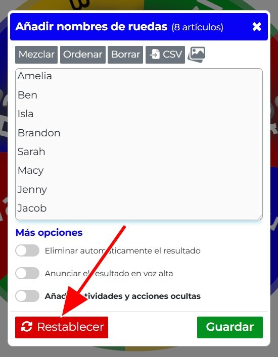 Imagen mostrando la ubicación del botón Restablecer Ruleta en la ventana Añadir nombres
